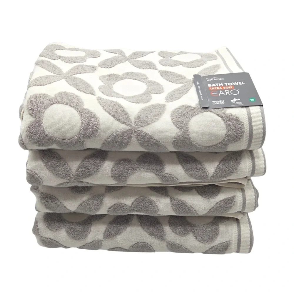 Caro Home 4pc Gray And White Daisy Days Soft Cotton Bath Towel Set 30x54in